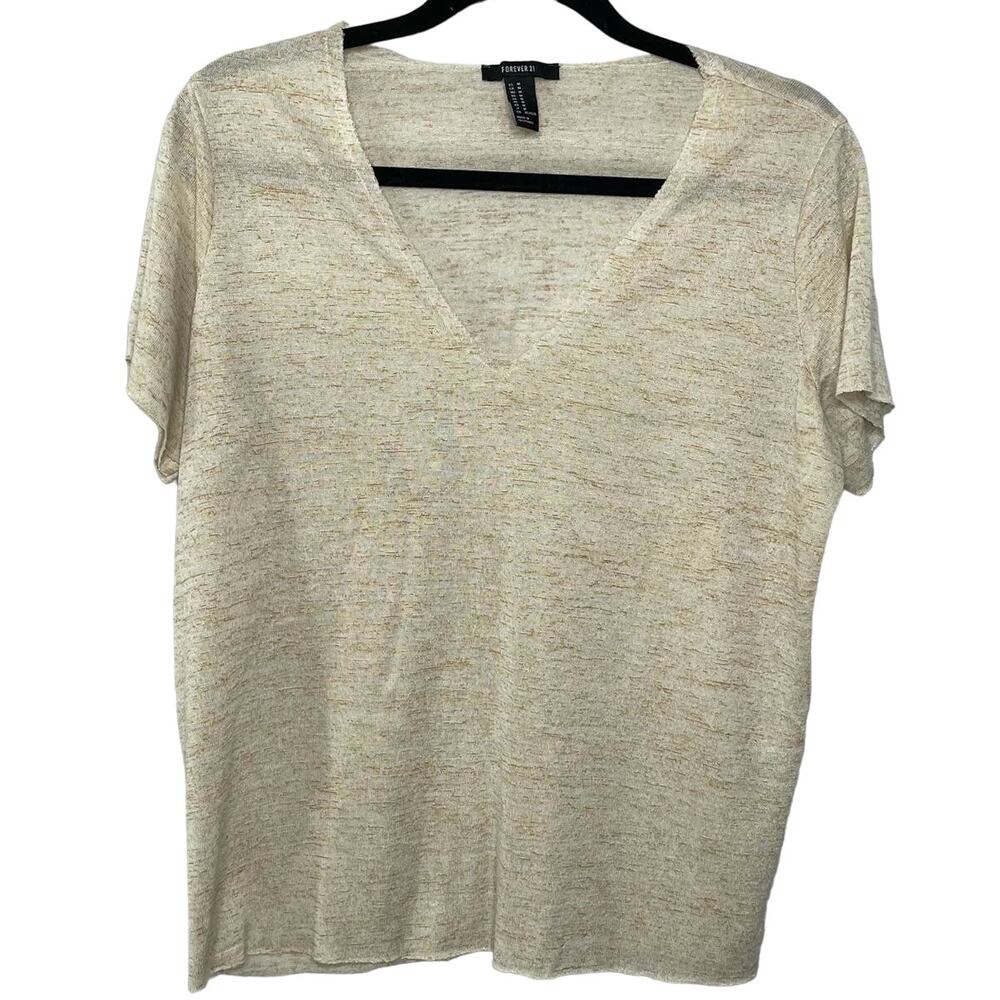 Forever 21 Short Sleeve‎ Raw Hem V-Neck T-Shirt Top Heathered Tan Women's Size M